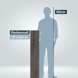 Größenvergleich Plankenlänge 121 cm im Vergleich zu einer Persson mit 182 cm Körpergröße