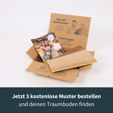 Unsere Musterbox mit drei kostenlosen Mustern aus der Klick-Vinyl Fischgrät Kollektion in Holzoptik
