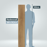 Größenvergleich Plankenlänge 180 cm im Vergleich zu einer Persson mit 182 cm Körpergröße