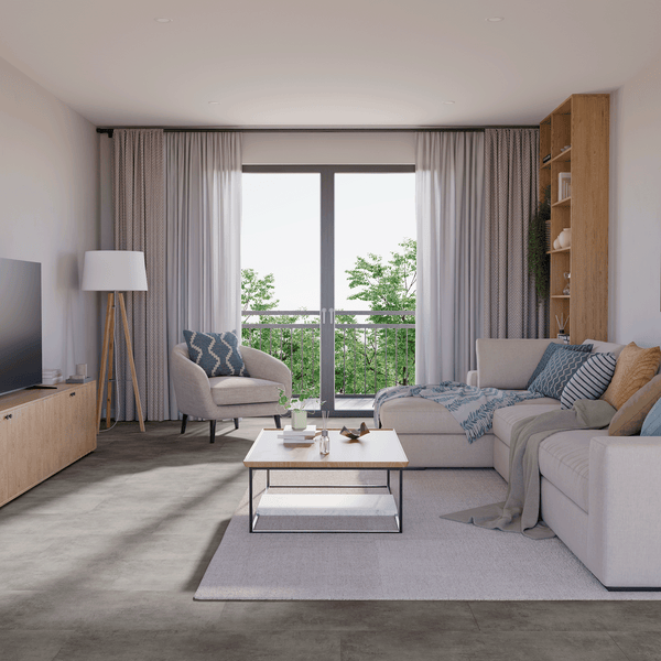 Wohnzimmer Raumbild von Klick-Vinyl Beton Rheine dezentes Dekor in Fliesenoptik