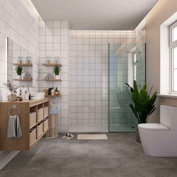 Badezimmer Raumbild von Klick-Vinyl Beton Rheine dezentes Dekor in Fliesenoptik