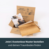 Das Bodenglück Musterpaket kommt mit deinen Lieblings-Klebe-Vinylböden zu dir nach Hause.