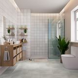Badezimmer Raumbild mit Klick-Vinyl Beton Cloppenburg Fliese in Betonoptik mit Prägung