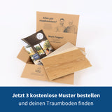 Unsere Musterbox mit drei kostenlosen Mustern aus der Klick-Vinyl Markenwelt Coretec Kollektion in Holzoptik