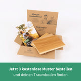 Unsere Musterbox mit drei kostenlosen Mustern in Holzoptik aus der Parkett Kollektion