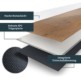 Erklärung zum Aufbau der einzelnen Schichten einer Klick-Vinyl Basic Planke mit robuster SPC Trägerplatte