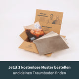 Unsere Musterbox mit drei kostenlosen Mustern aus der Klick-Vinyl Premium Kollektion in Steinoptik