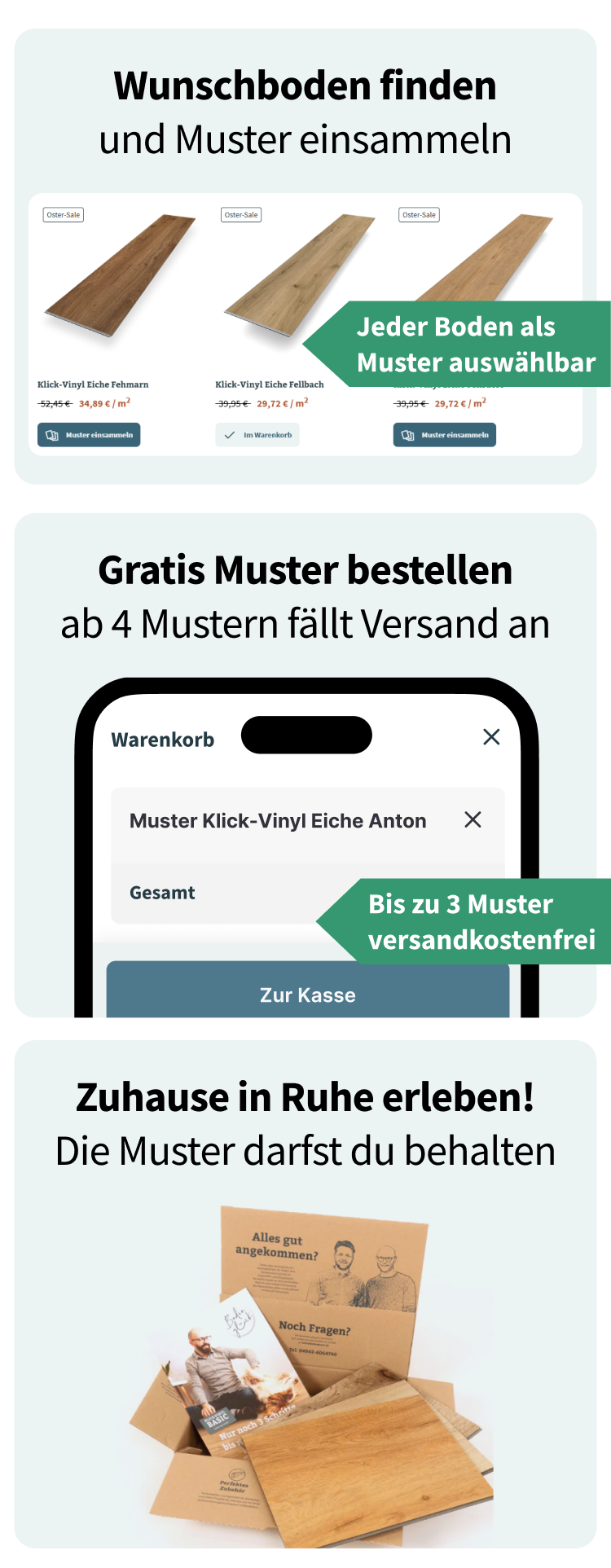 Anleitung: So packst du dein persönliches Musterpaket mit Vinylboden, Laminat und Parkett