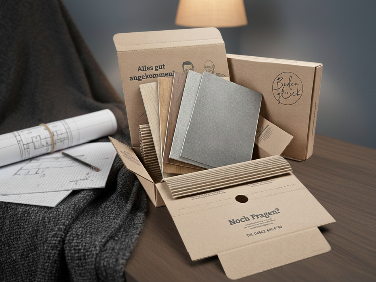 Musterpalet von Bodenglück mit Vinylboden Musterstücken in Holz- und Fliesenoptik