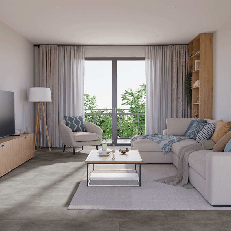 Wohnzimmer Raumbild von Klebe-Vinyl Beton Rheine dezentes Dekor in Fliesenoptik