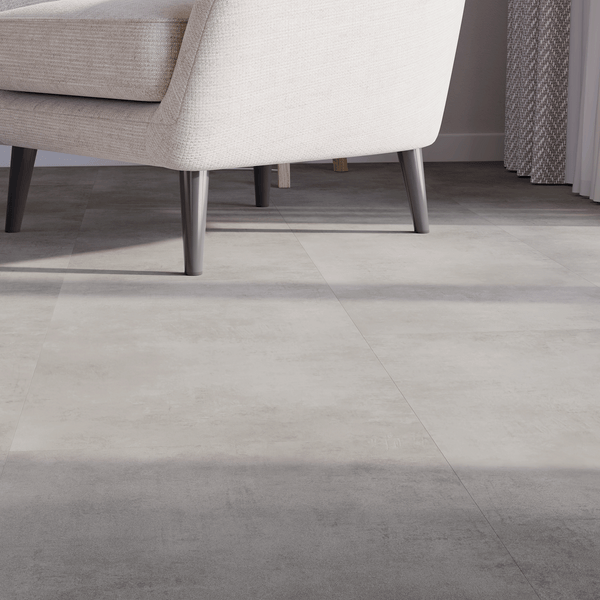 Sitzecke Closeup Klebe-Vinyl Beton Rheine dezentes Dekor in Fliesenoptik