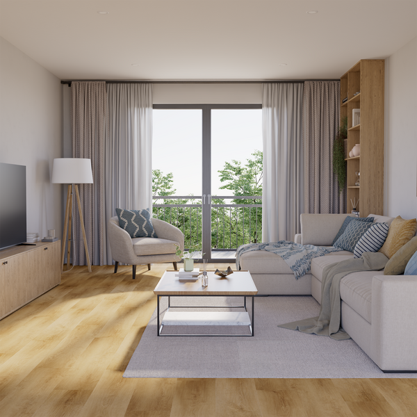 Wohnzimmer Raumbild von Klick-Vinyl Eiche Spiekeroog markantes Dekor in Holzoptik