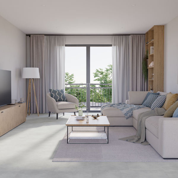 Wohnzimmer Raumbild von Klick-Vinyl Beton Cloppenburg dezentes Dekor in Fliesenoptik