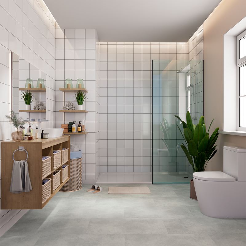 Badezimmer Raumbild von Klick-Vinyl Beton Cloppenburg dezentes Dekor in Fliesenoptik