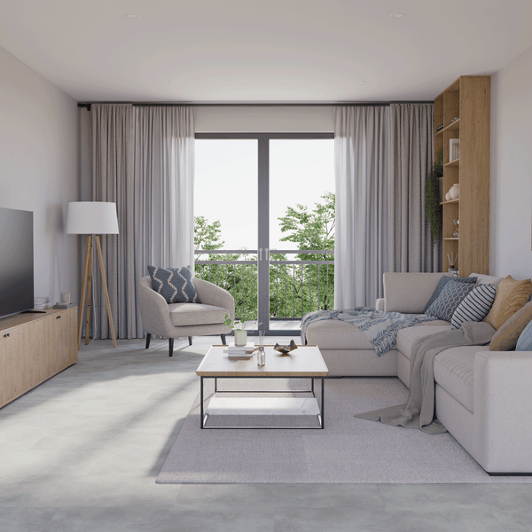 Wohnzimmer Raumbild von Klick-Vinyl Beton Nordhorn dezentes Dekor in Fliesenoptik