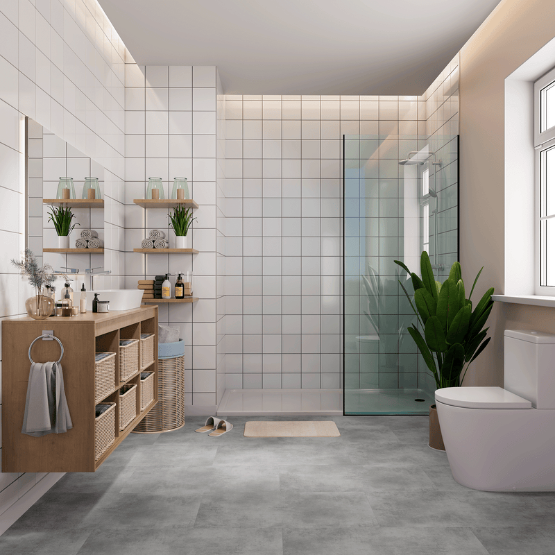 Badezimmer Raumbild von Klick-Vinyl Beton Nordhorn dezentes Dekor in Fliesenoptik