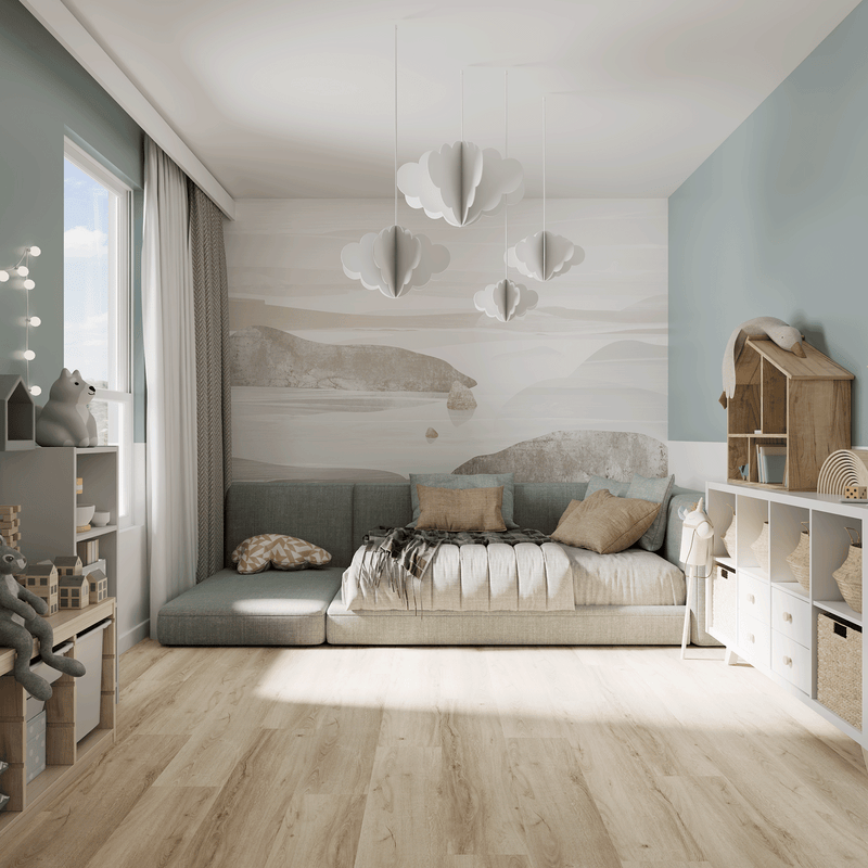 Kinderzimmer Raumbild von Klick-Vinyl Eiche Ameland dezentes Dekor in Holzoptik