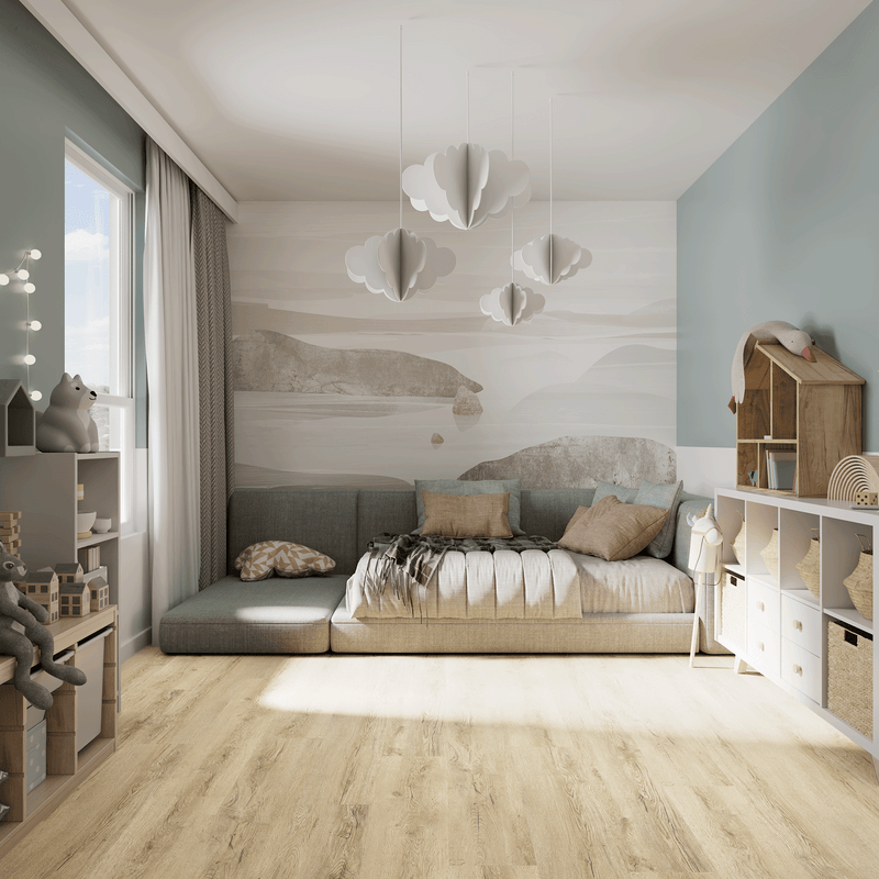 Kinderzimmer Raumbild von Klick-Vinyl Eiche Amrum rustikales Dekor in Holzoptik