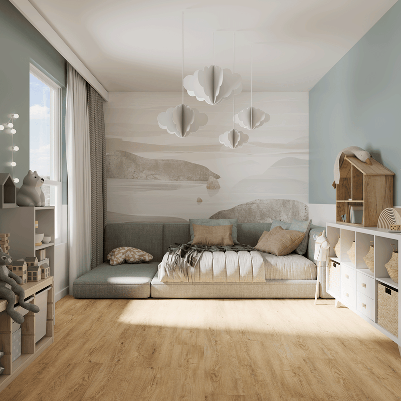 Kinderzimmer Raumbild von Klick-Vinyl Eiche Cuxhaven markantes Dekor in Holzoptik