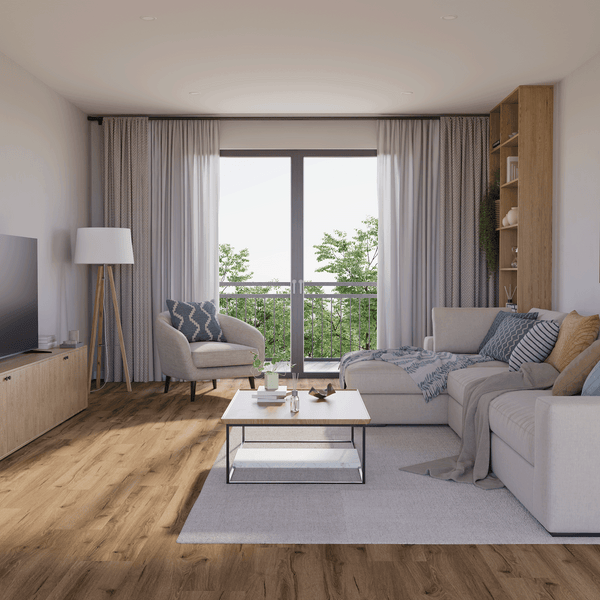 Wohnzimmer Raumbild von Klick-Vinyl Eiche Fehmarn rustikales Dekor in Holzoptik