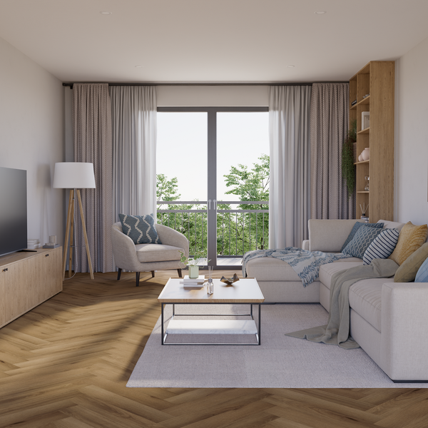 Wohnzimmer Raumbild von Klick-Vinyl Eiche Helgoland dezentes Dekor in Holzoptik