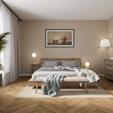 Schlafzimmer Raumbild von Klick-Vinyl Eiche Helgoland dezentes Dekor in Holzoptik