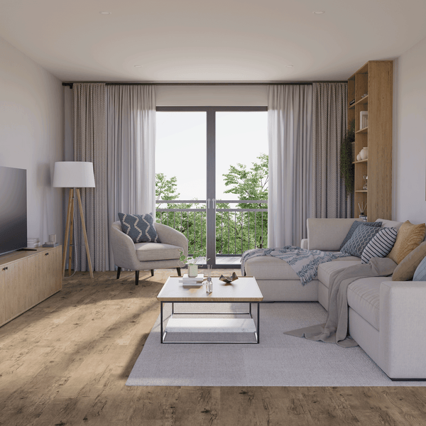 Wohnzimmer Raumbild von Klick-Vinyl Eiche Jever rustikales Dekor in Holzoptik