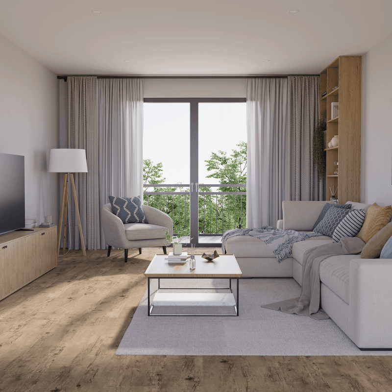 Wohnzimmer Raumbild von Klick-Vinyl Eiche Jever rustikales Dekor in Holzoptik