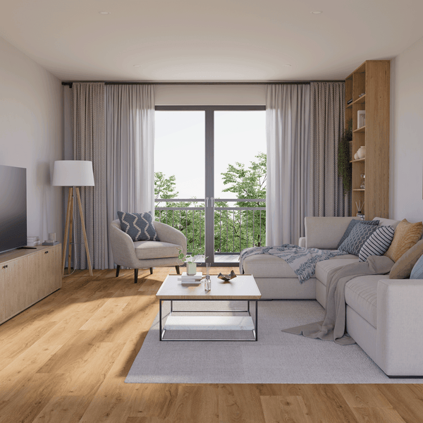 Wohnzimmer Raumbild von Klick-Vinyl Eiche Memmert markantes Dekor in Holzoptik