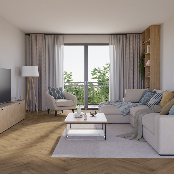 Wohnzimmer Raumbild von Klick-Vinyl Eiche Sylt dezentes Dekor in Holzoptik