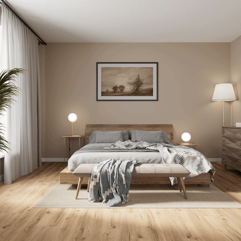 Schlafzimmer Raumbild von Klick-Vinyl Eiche Wangerooge rustikales Dekor in Holzoptik