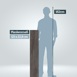 Größenvergleich Plankenlänge 121 cm im Vergleich zu einer Persson mit 182 cm Körpergröße