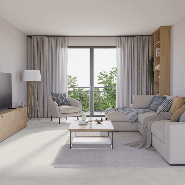 Wohnzimmer Raumbild von Klick-Vinyl Stein Vechta dezentes Dekor in Fliesenoptik