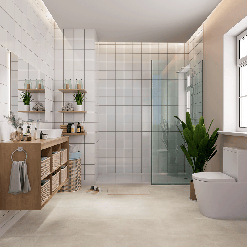 Badezimmer Raumbild von Klick-Vinyl Stein Vechta dezentes Dekor in Fliesenoptik