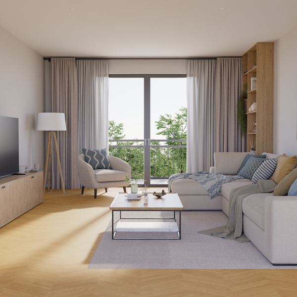 Wohnzimmer Raumbild von Laminat Eiche Soonwald dezentes Dekor in  Fischgrät Holzoptik