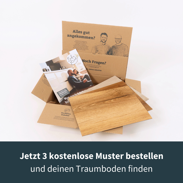 Das Bodenglück Musterpaket kommt mit deinen Lieblings-Klebe-Vinylböden zu dir nach Hause.