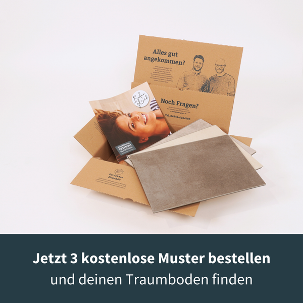 Unsere Klick-Vinyl Musterpaket mit Fliesendekoren in Beton- und Steinoptik